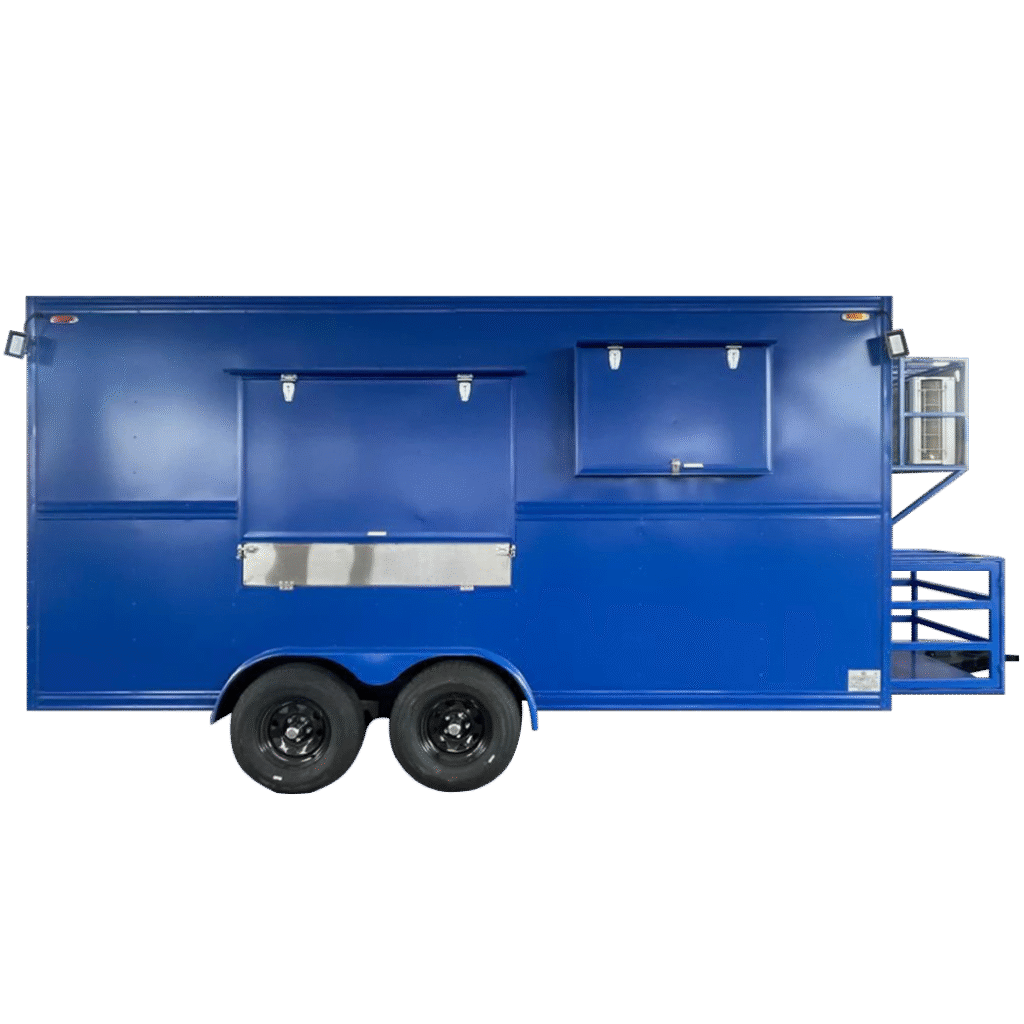 a blue trailer with black background
