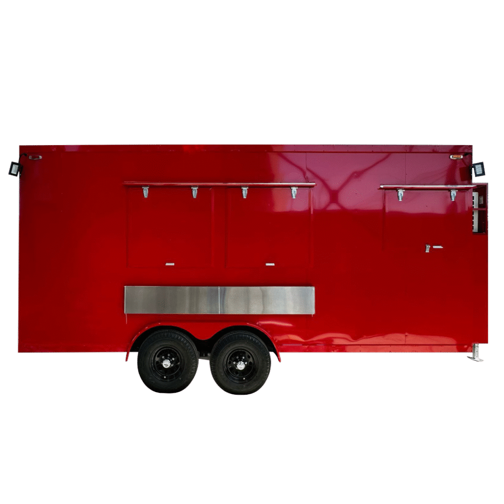 a red trailer with wheels